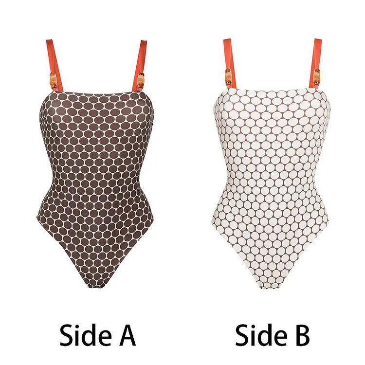Women's printed dot pattern one-piece swimsuit with matching wrap skirt