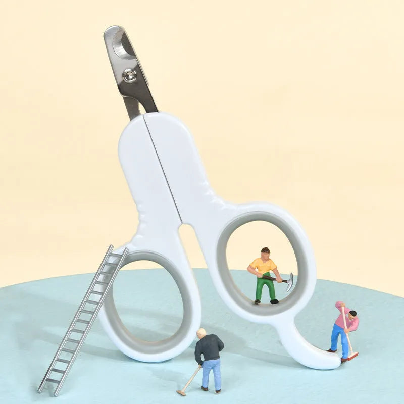 Grey and pink professional pet nail clippers with curved safety tips and rubber-coated handle.