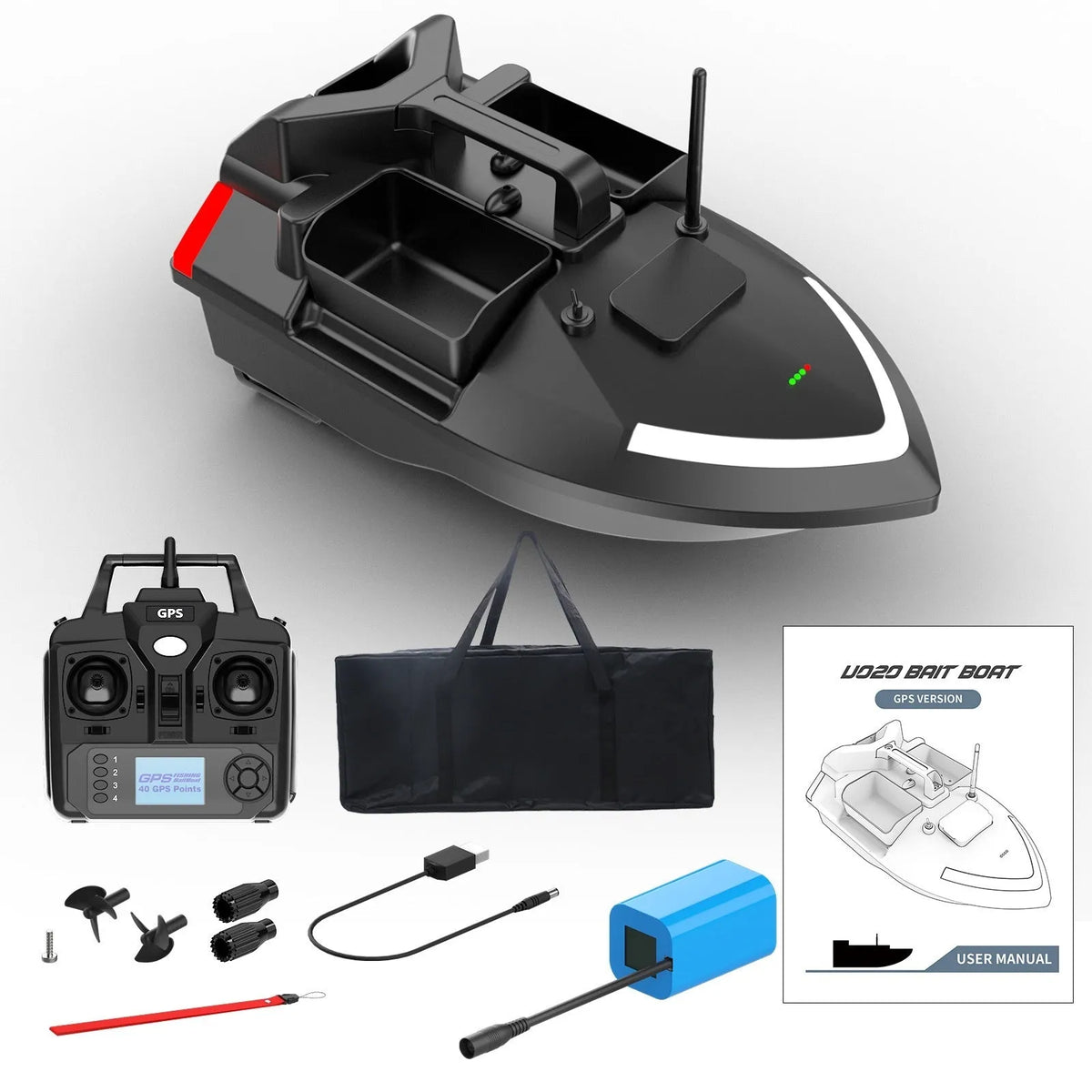 V020 black and luminous yellow GPS remote control fishing boat with remote handset.