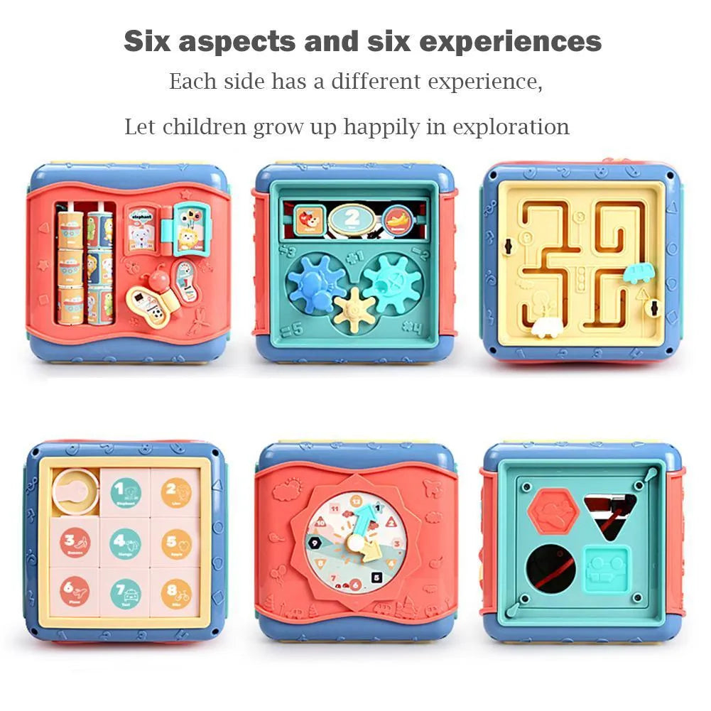 Colourful six-sided Montessori educational toy cube showing bead maze, gears, car track, clock, butterfly, and number activities