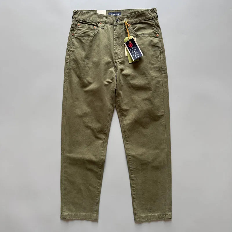 Men's straight-leg cotton trousers in Army Green, Grey or Khaki with mid-waist fit