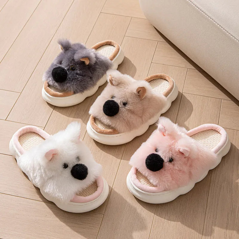 Women's indoor slippers in pink with thick EVA sole, linen fabric upper, and cartoon animal print