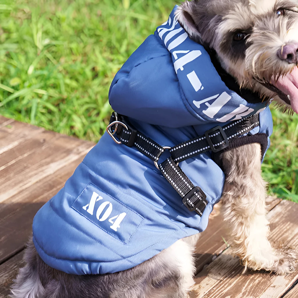 Red fleece-lined waterproof dog jacket with hood for winter wear on medium-sized dog