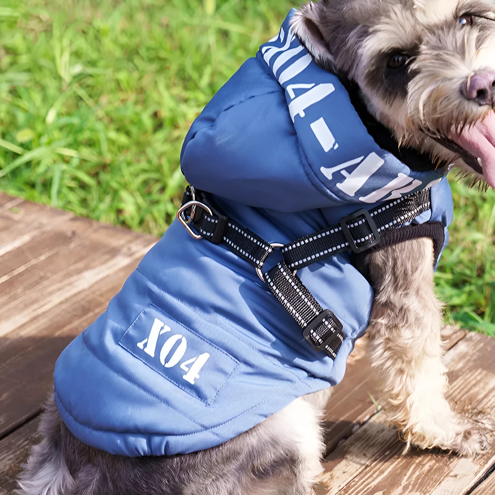 Red fleece-lined waterproof dog jacket with hood for winter wear on medium-sized dog