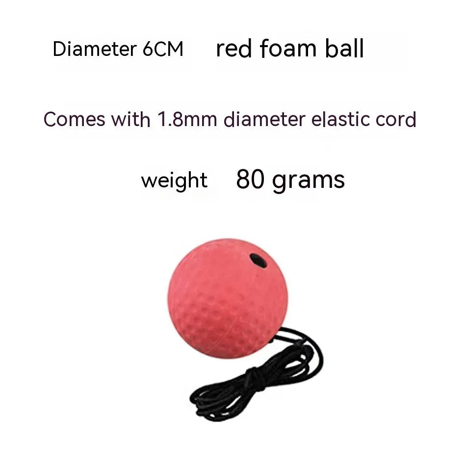 Head-mounted boxing reaction training ball with adjustable headband and choice of red, green, or yellow soft balls.