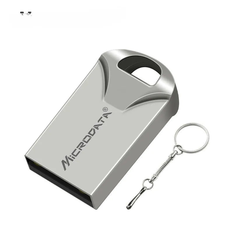 Silver metal car-shaped USB flash drive on a chain necklace showing front and side details.