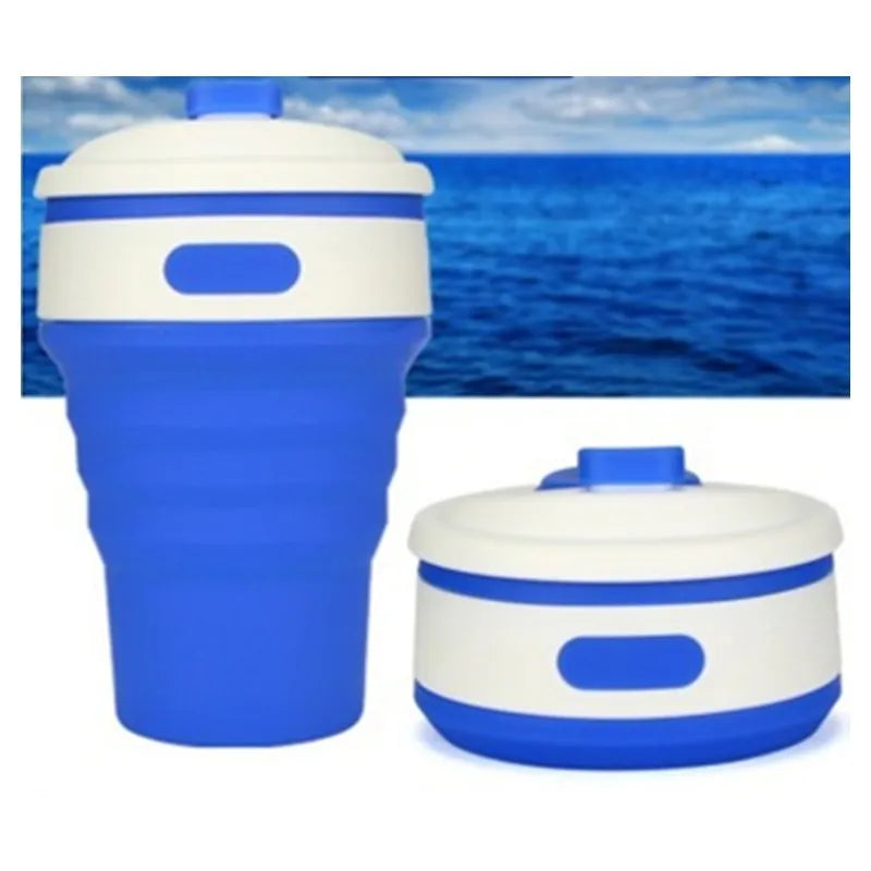 Green collapsible silicone travel cup showing folded and expanded states with leak-proof cover