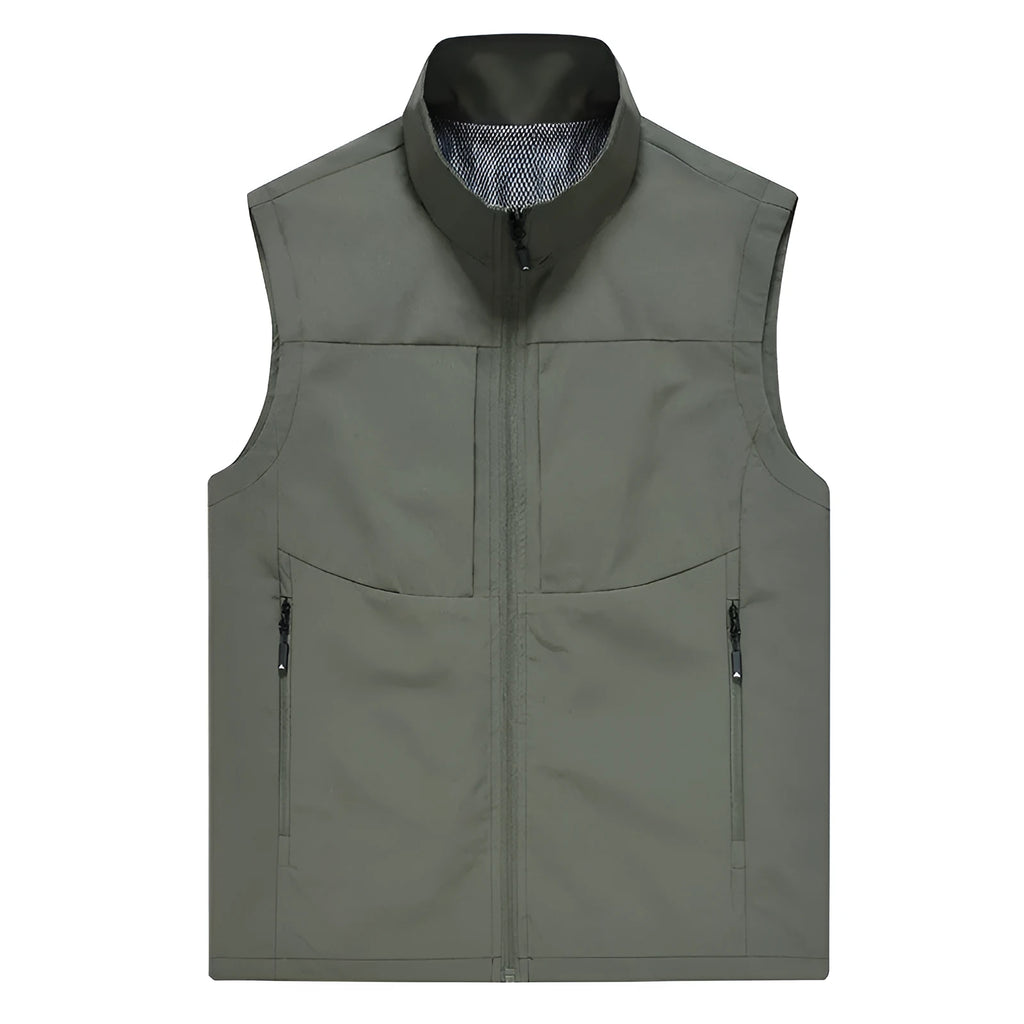 Men's casual stand collar cardigan vest in army green, shown with zipper pockets and a loose fit.