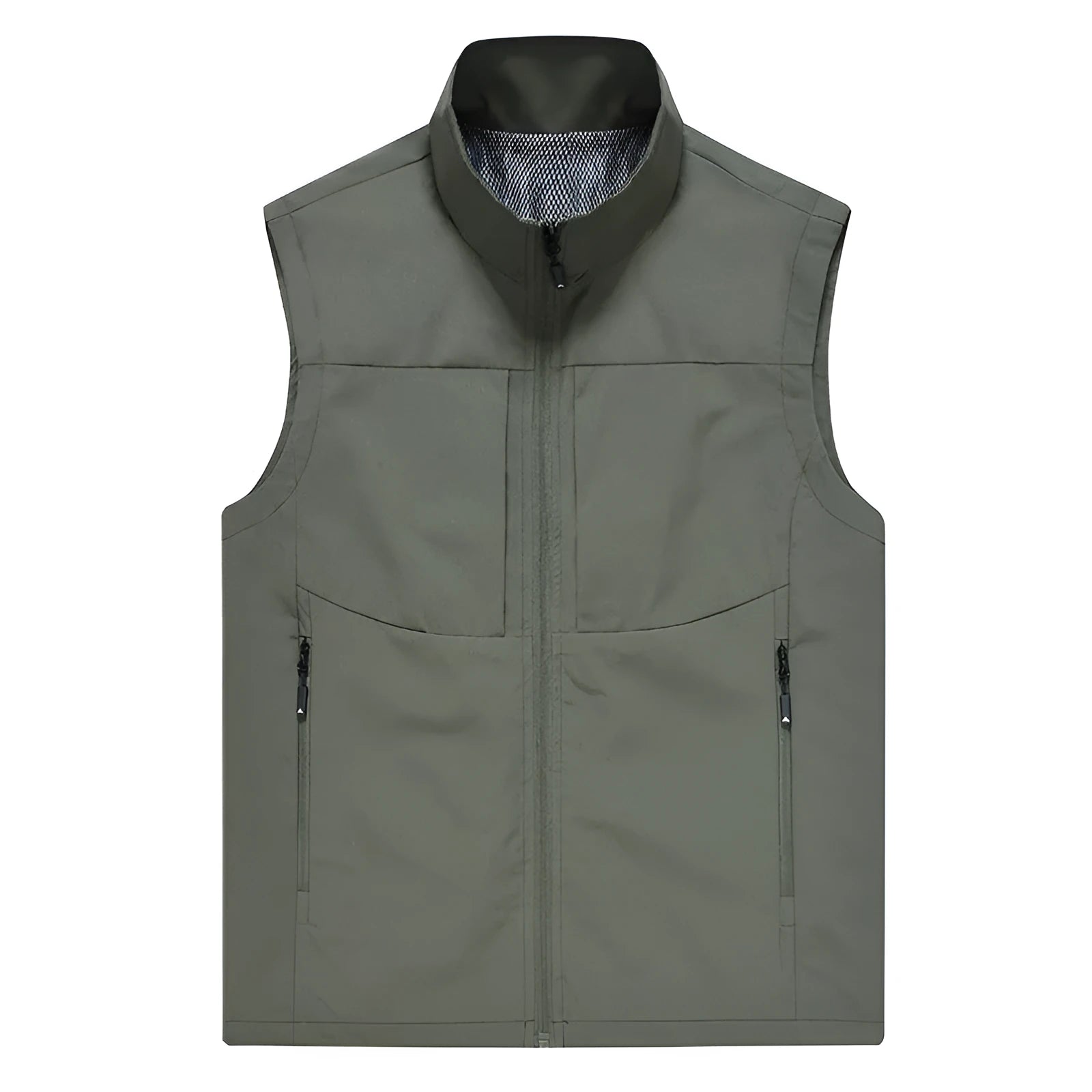Men's casual stand collar cardigan vest in army green, shown with zipper pockets and a loose fit.