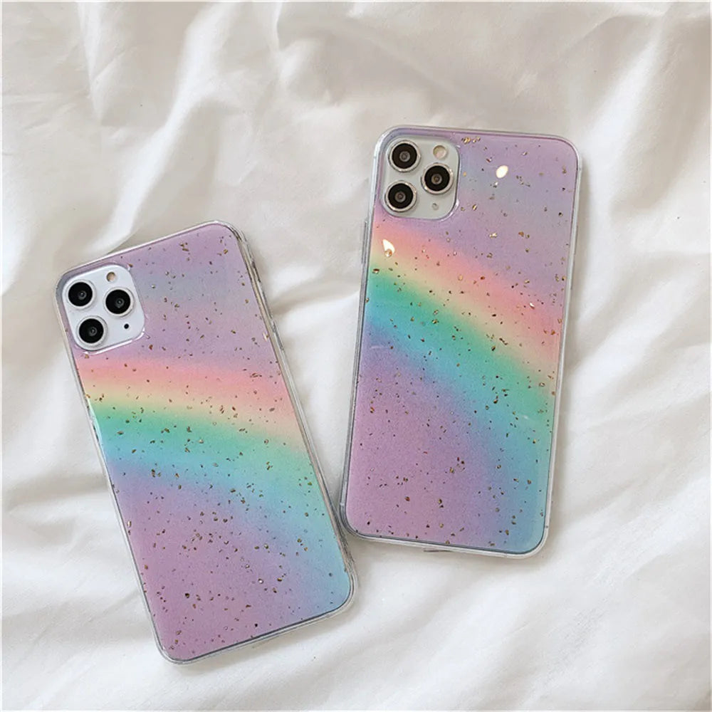Rainbow gradient striped flexible TPU case for iPhone on a white background.