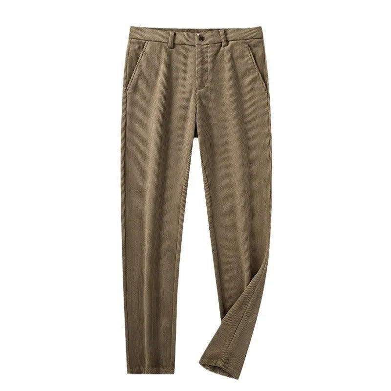 Retro-style men's straight-leg striped trousers in a chemical fibre blend fabric.