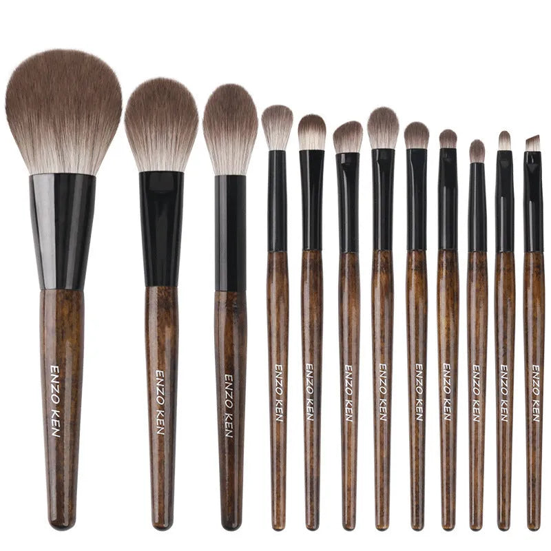12-piece makeup brush set with wooden handles in PU storage bag including powder foundation brush