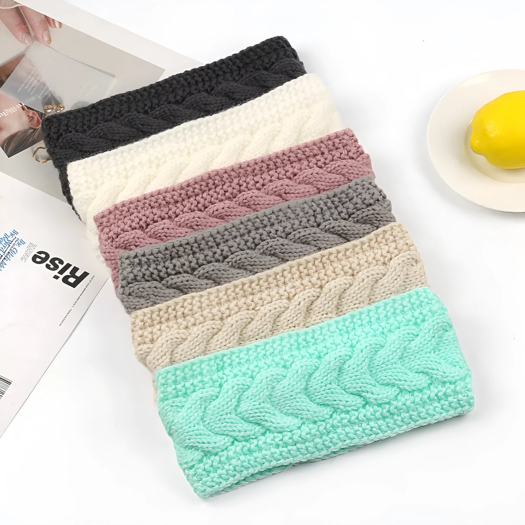 Fleece-lined twist knitted wool hair band for women in black, light grey, beige, and 14 colour options