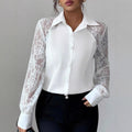Women's white lace hollow out long sleeve button shirt with polyester fabric casual top