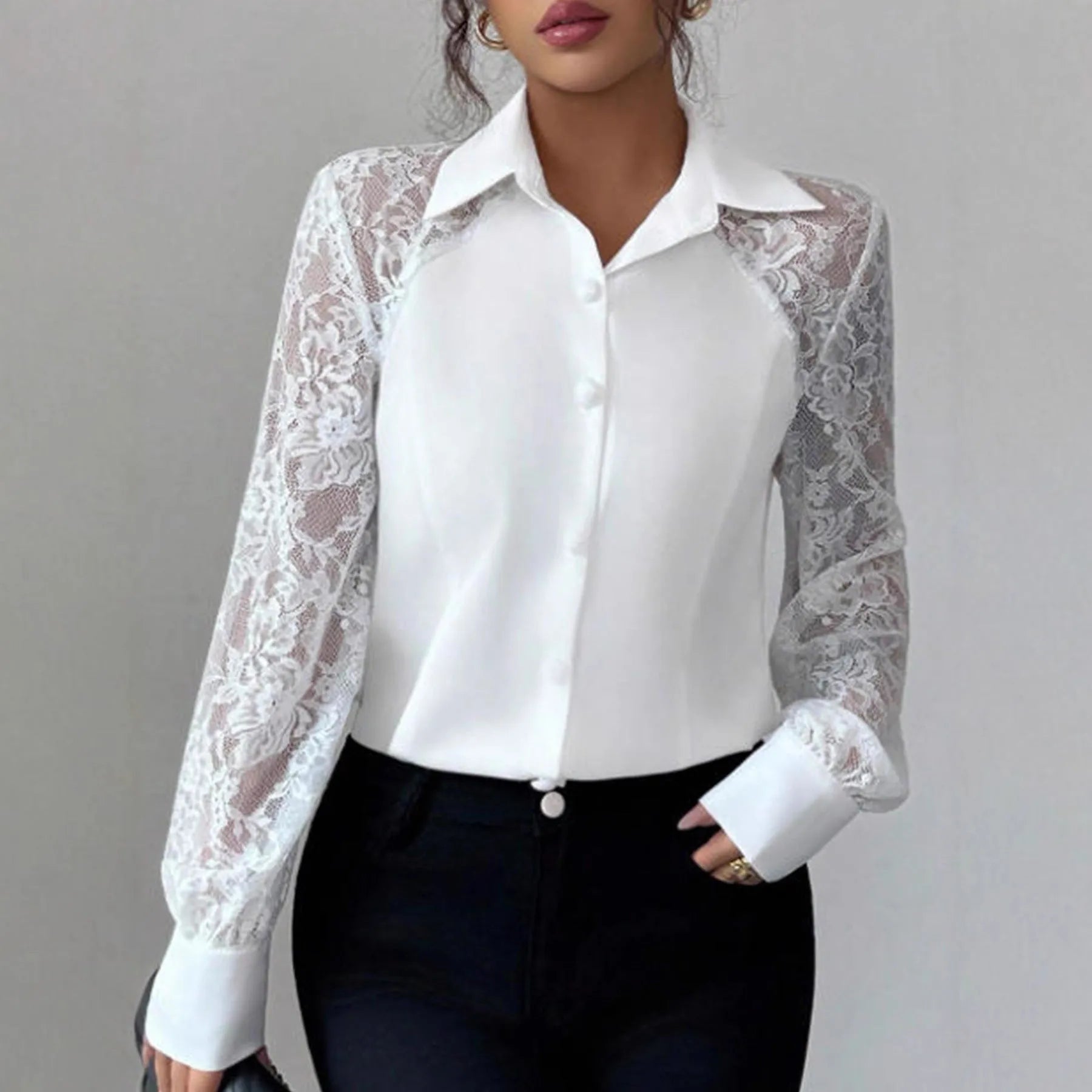 Women's white lace hollow out long sleeve button shirt with polyester fabric casual top