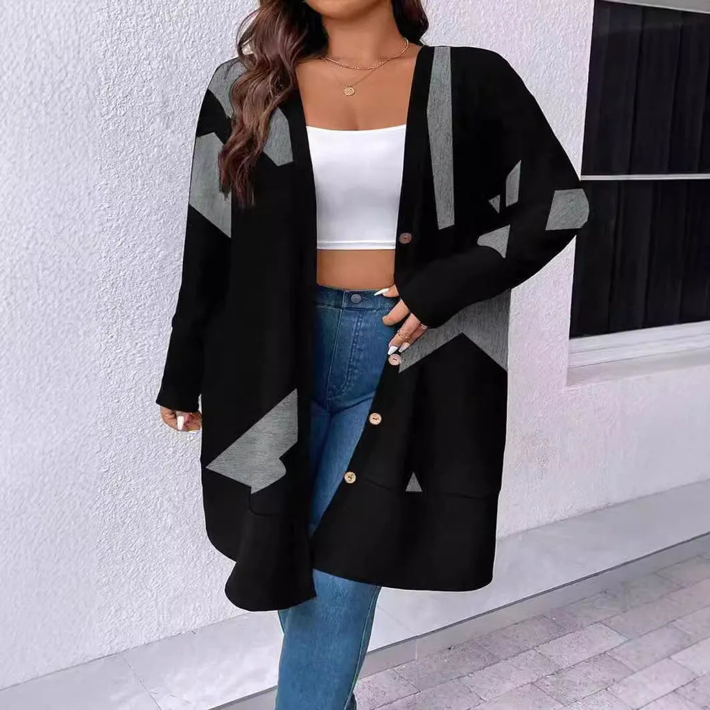 Black loose fit plus size knitwear cardigan with button stitching detail