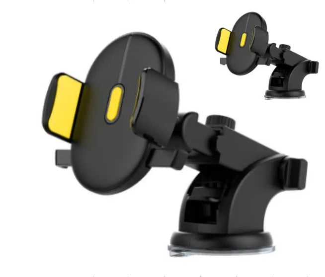 Yellow and black telescopic car phone holder with suction cup mounted on a car dashboard.