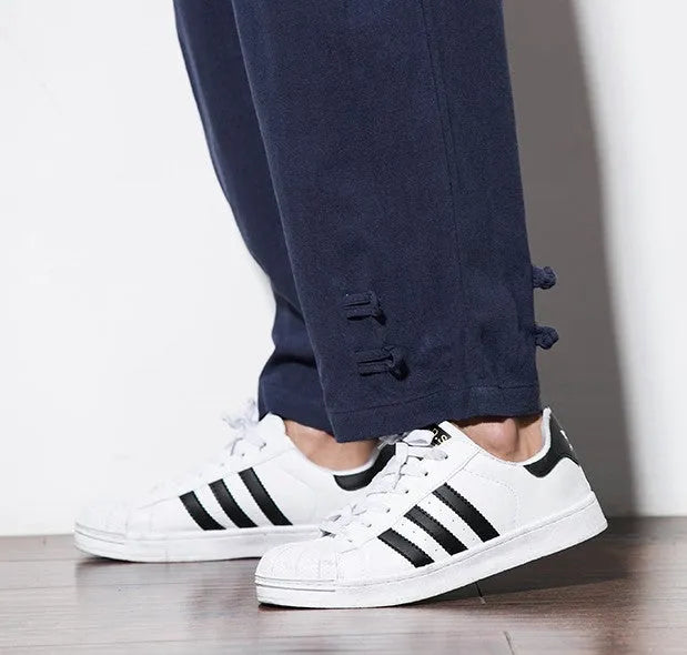 Men's linen harem pants in blue, loose vintage joggers with drawstring waist, sizes M to 5XL