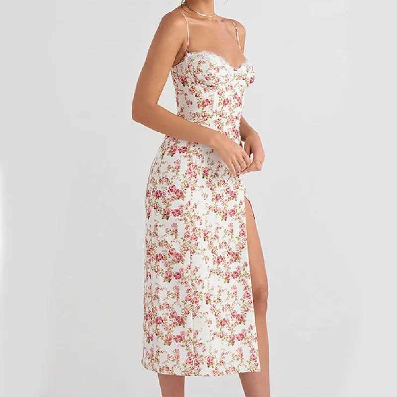 Women's blue lace print long dress with suspender straps and a side slit.