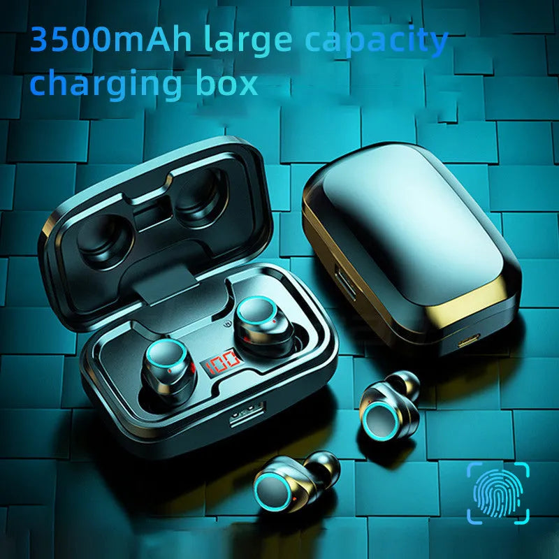 Black, blue, and red Bluetooth gaming earbuds with a plastic charging case