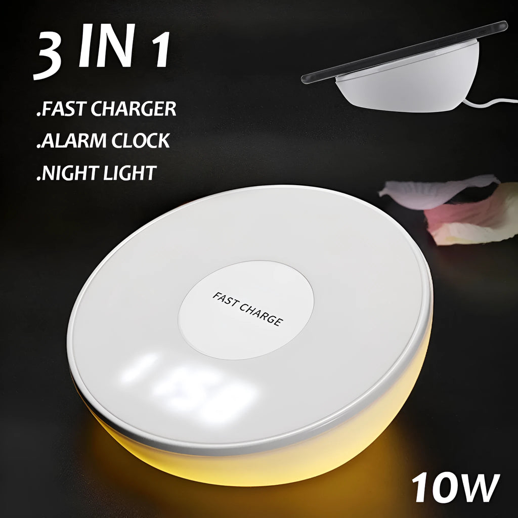 White wireless charging pad with LED digital clock display and control buttons on a desk.