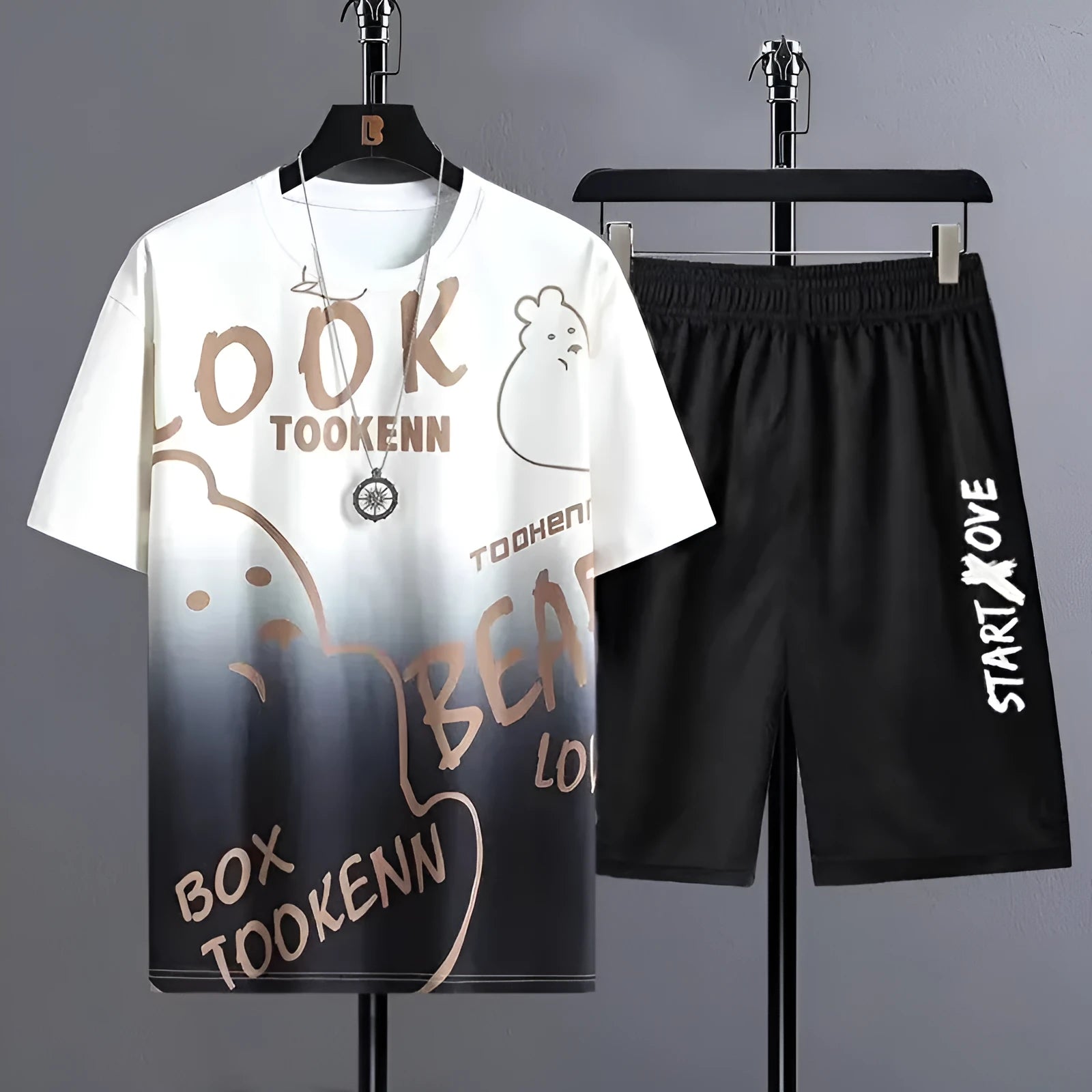 Men's ice silk summer suit with short sleeve top and matching shorts in polyester fabric