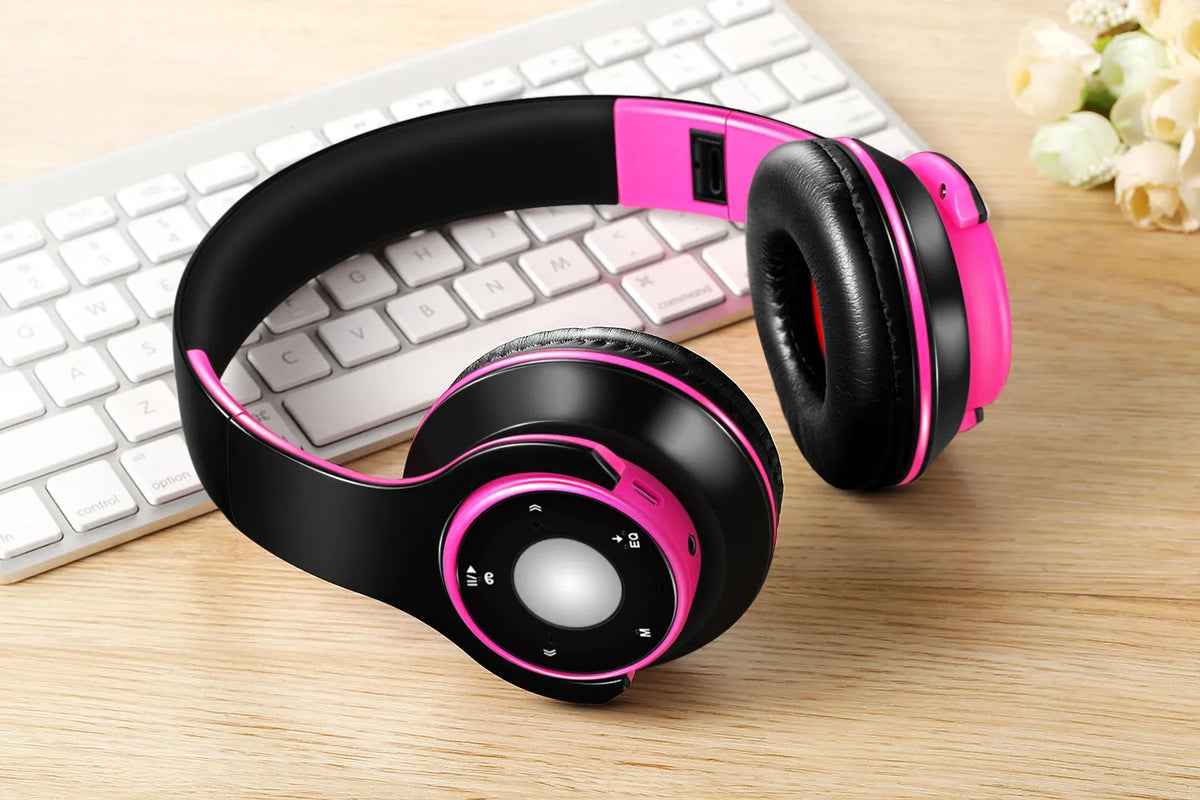 Foldable wireless Bluetooth headset with adjustable hinges in blue, red, or rose red colours