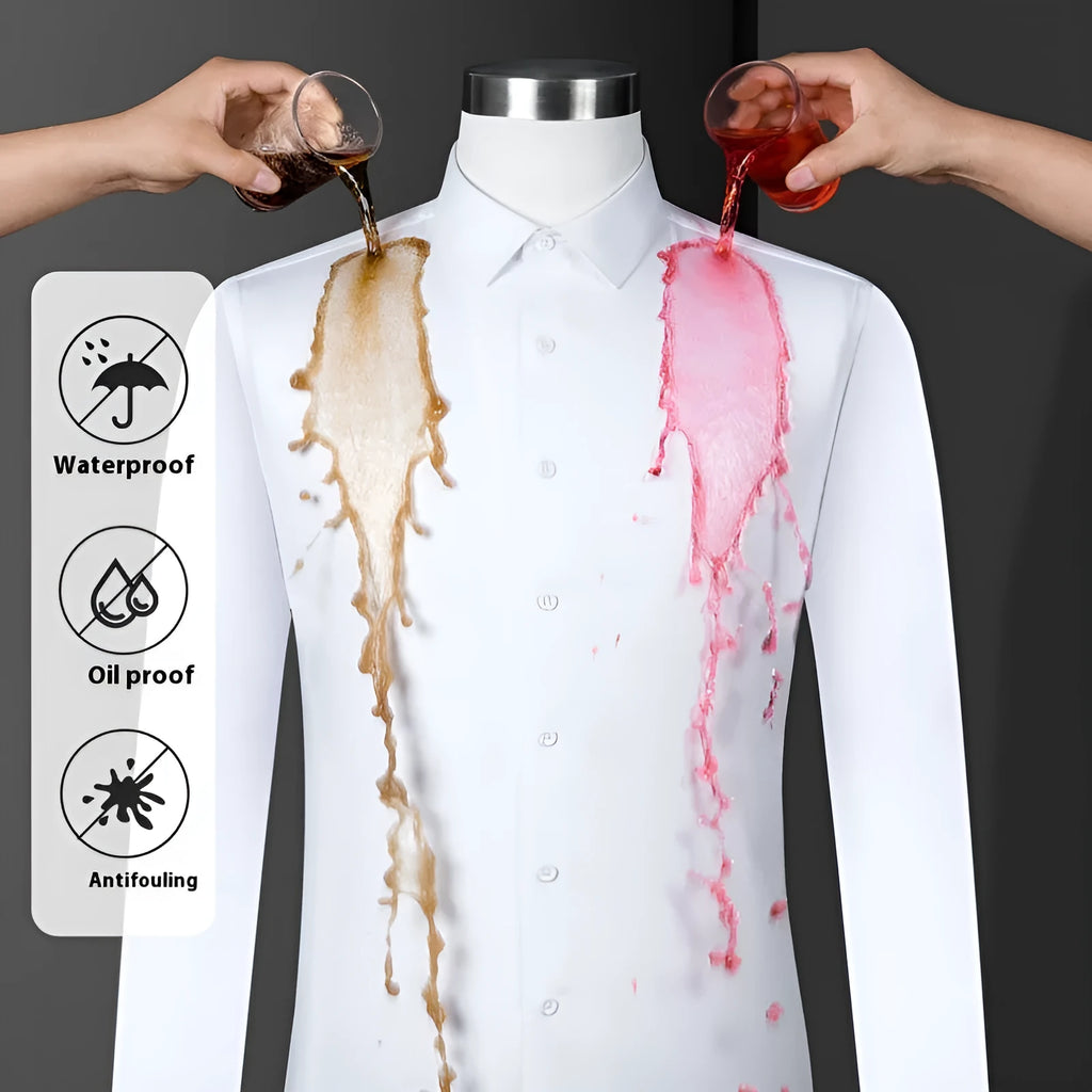 Men's slim fit bamboo fibre business shirt in a solid colour with square collar, shown in waterproof and stain resistant fabric.