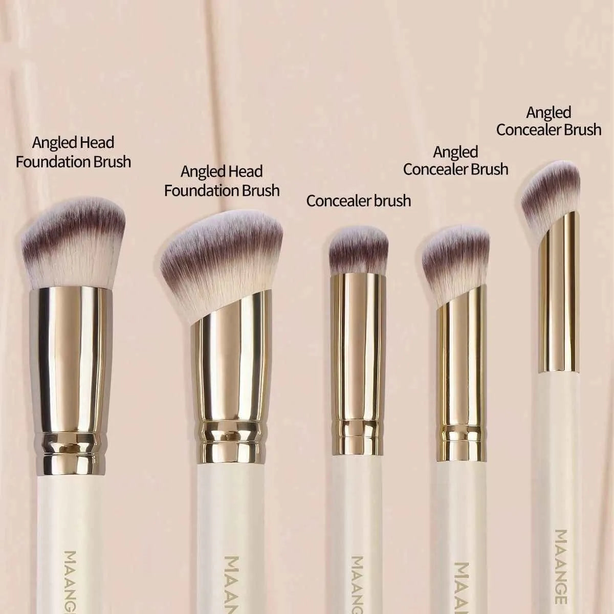 Five angled apricot makeup brushes for blush and contour application