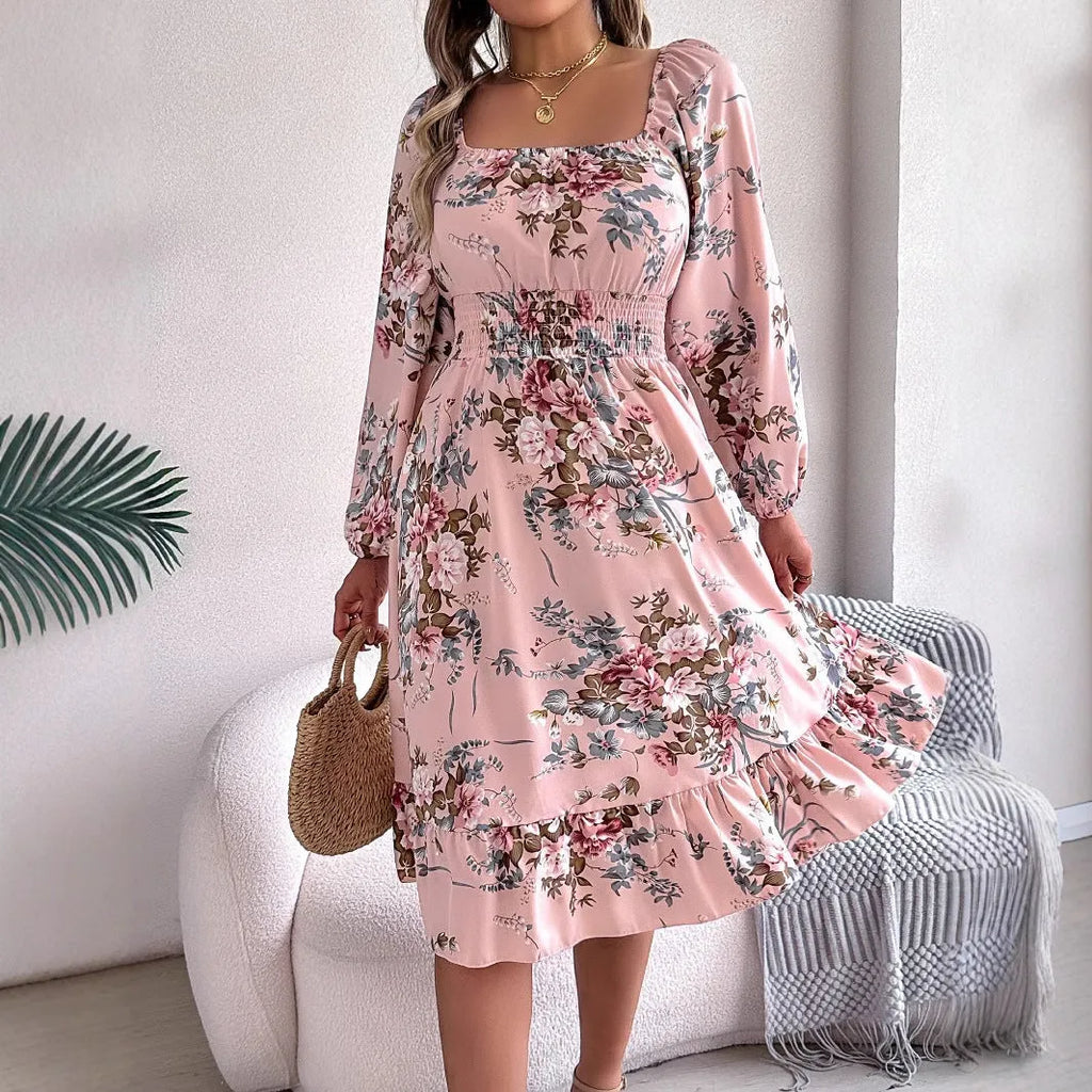 Women's A-line midi dress with square collar long sleeves and ruffled waist trimming in polyester fabric