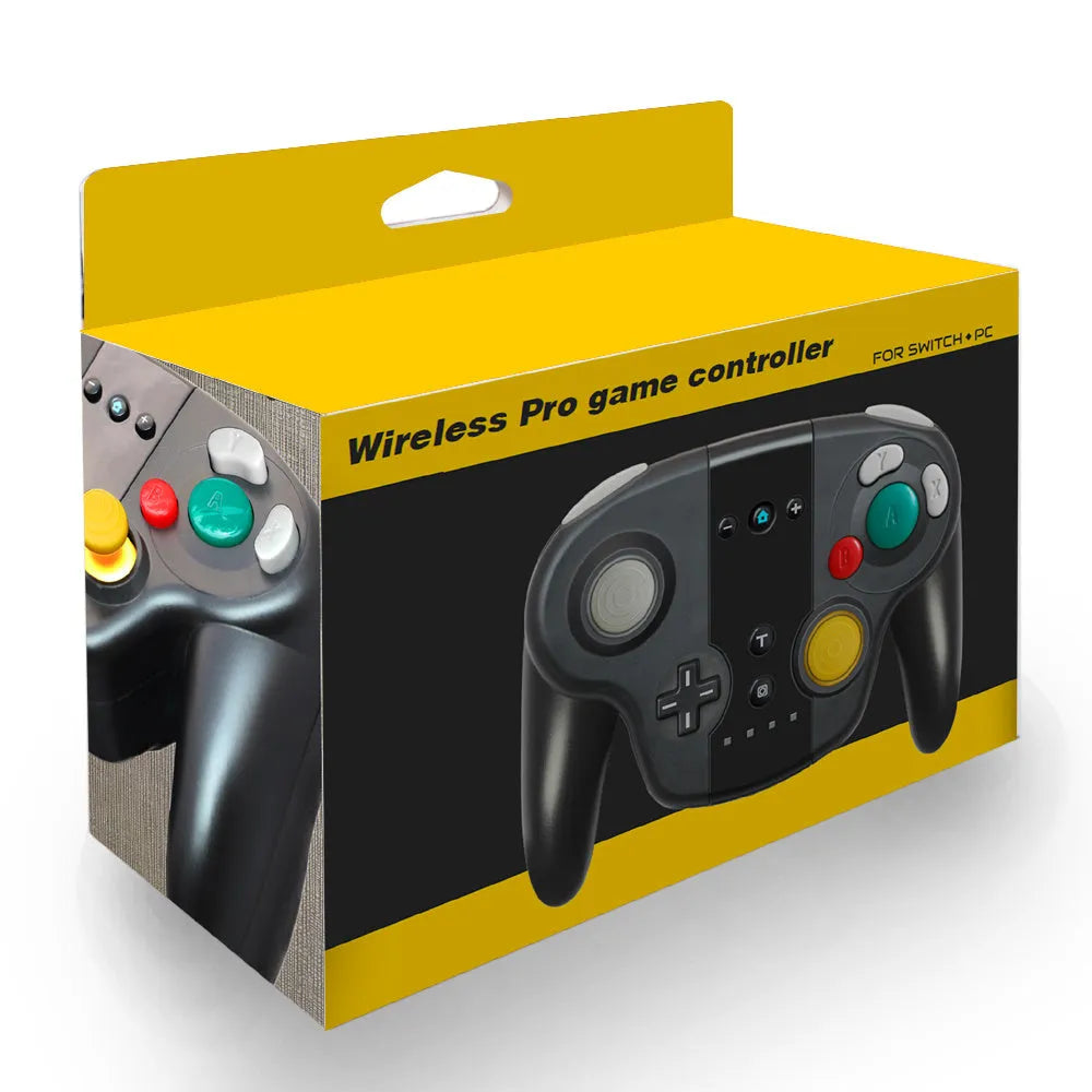 Black wireless gamepad for Nintendo Switch and PC with NFC, gyroscope, and rumble features.
