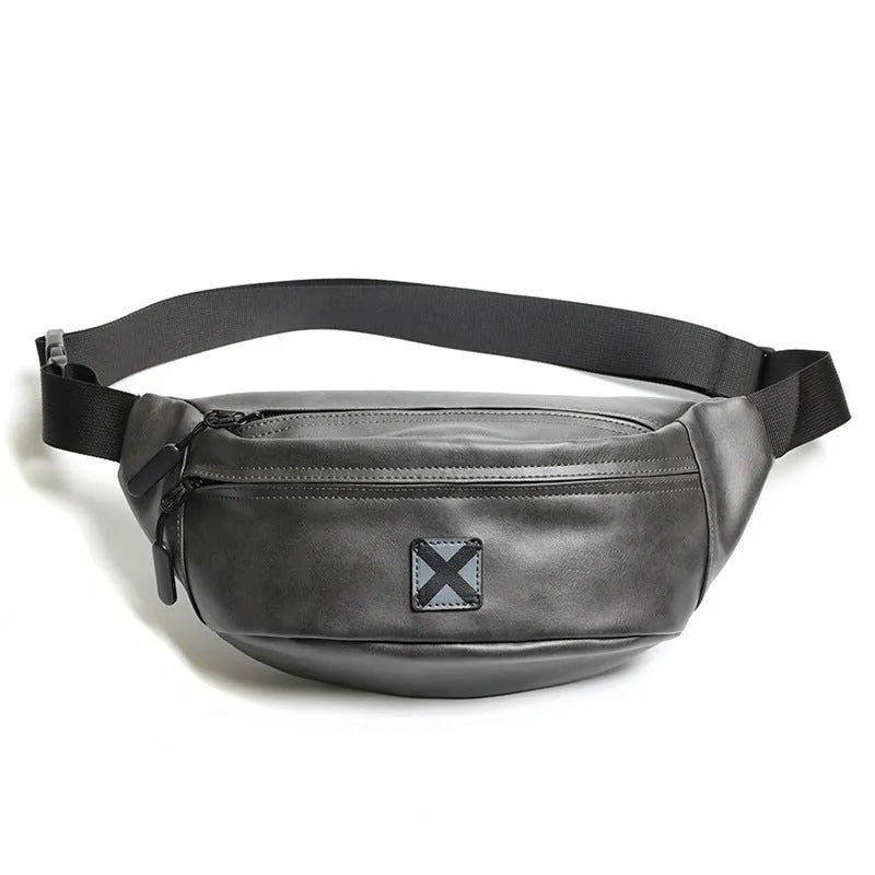 Korean men's trendy fashion shoulder bag in PU leather, available in black colour, with adjustable strap for crossbody wear.
