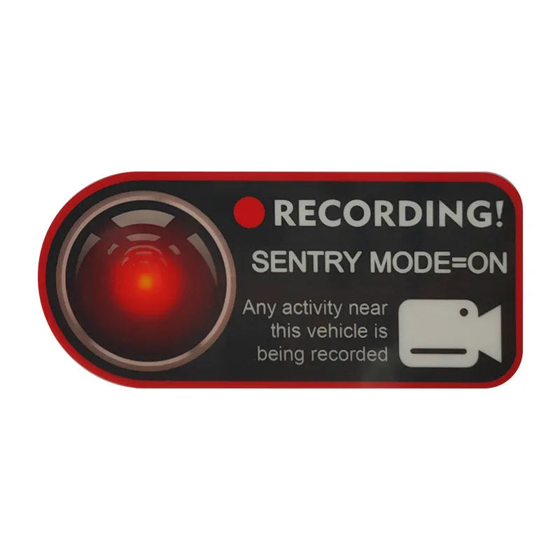 Tesla Sentry Mode warning stickers measuring 11x5 cm with electrostatic adhesive backing