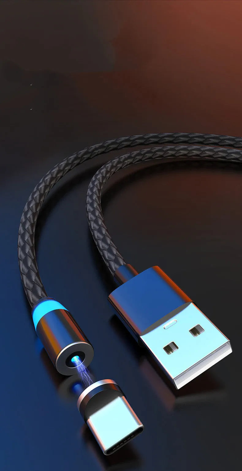 Magnetic data cable with breathing light showing interchangeable heads for Apple, Android and TYPE-C devices in multiple colours