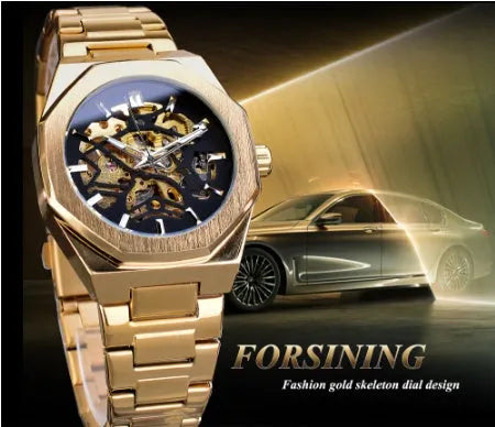 Men's mechanical automatic watch with skeleton dial, stainless steel case, and black genuine leather band on a white background