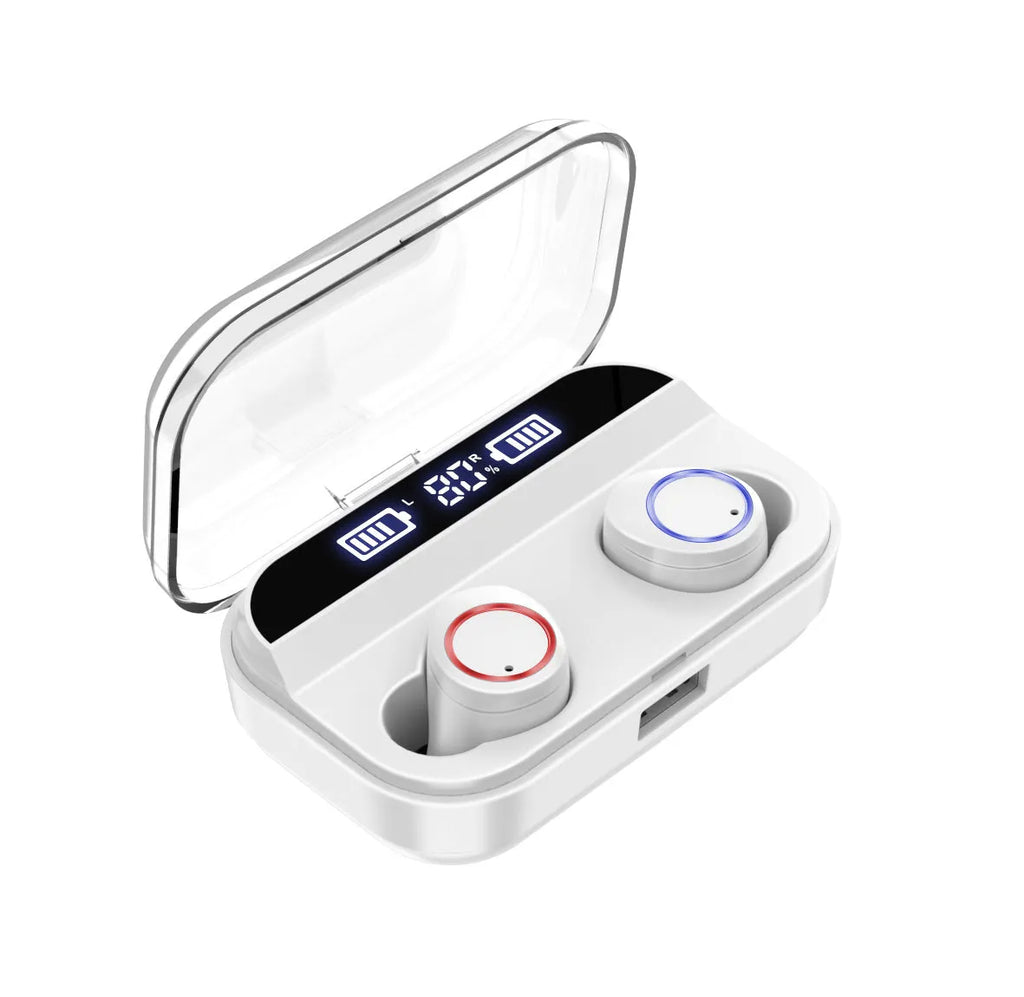 Black X11 Bluetooth wireless earbuds with a matching charging case and assorted silicone ear tips.