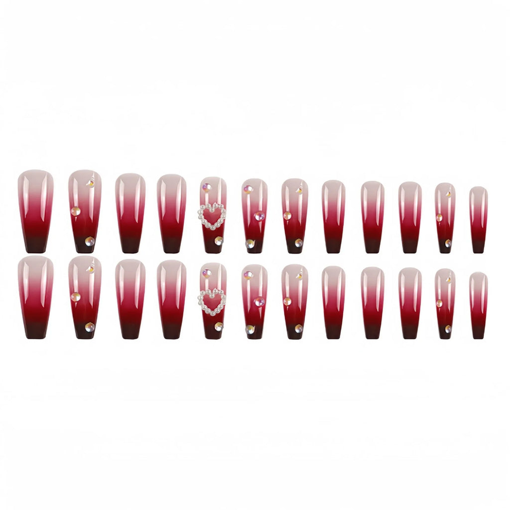 Wine red gradient fake nail tips with pearl heart design and plaid pattern