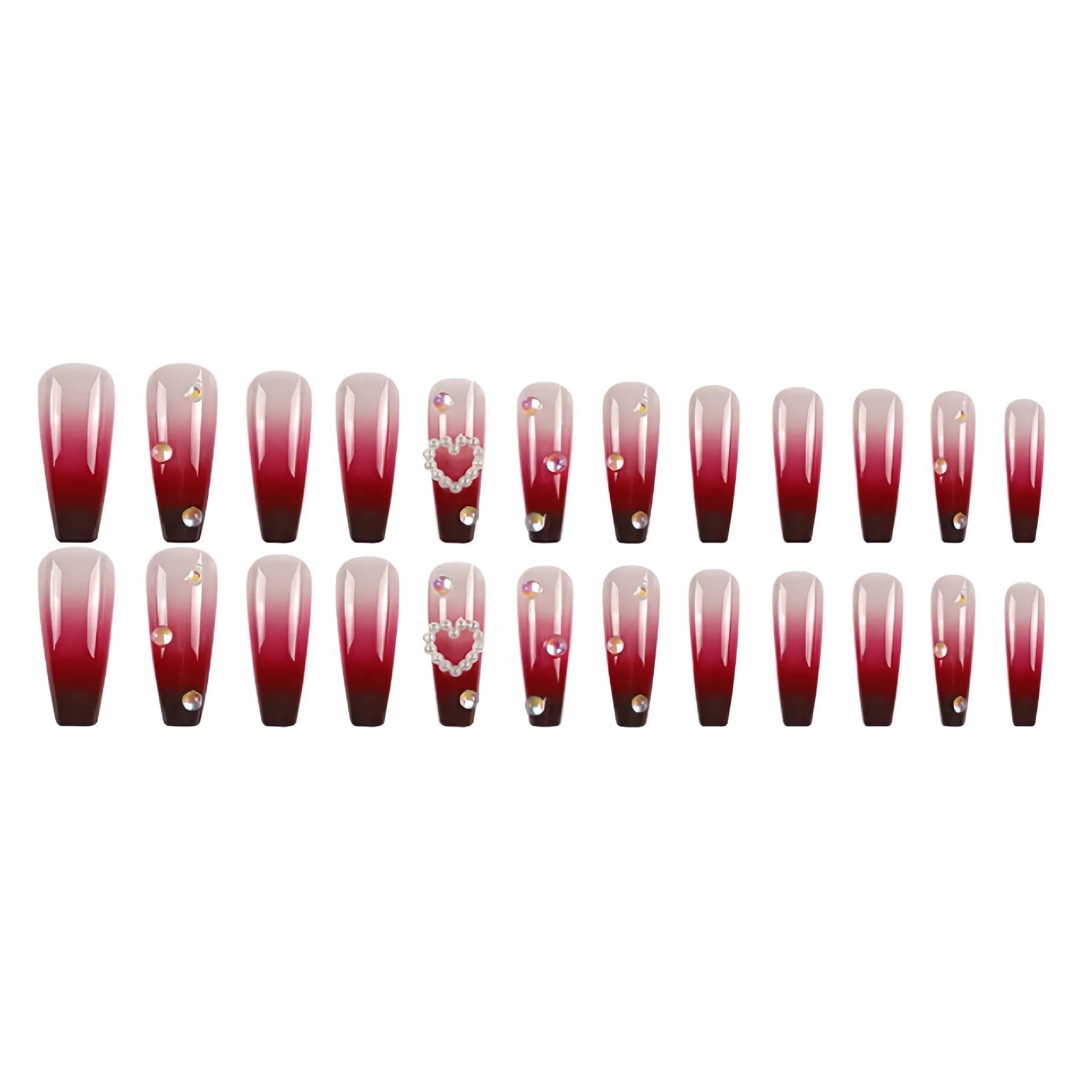 Wine red gradient fake nail tips with pearl heart design and plaid pattern