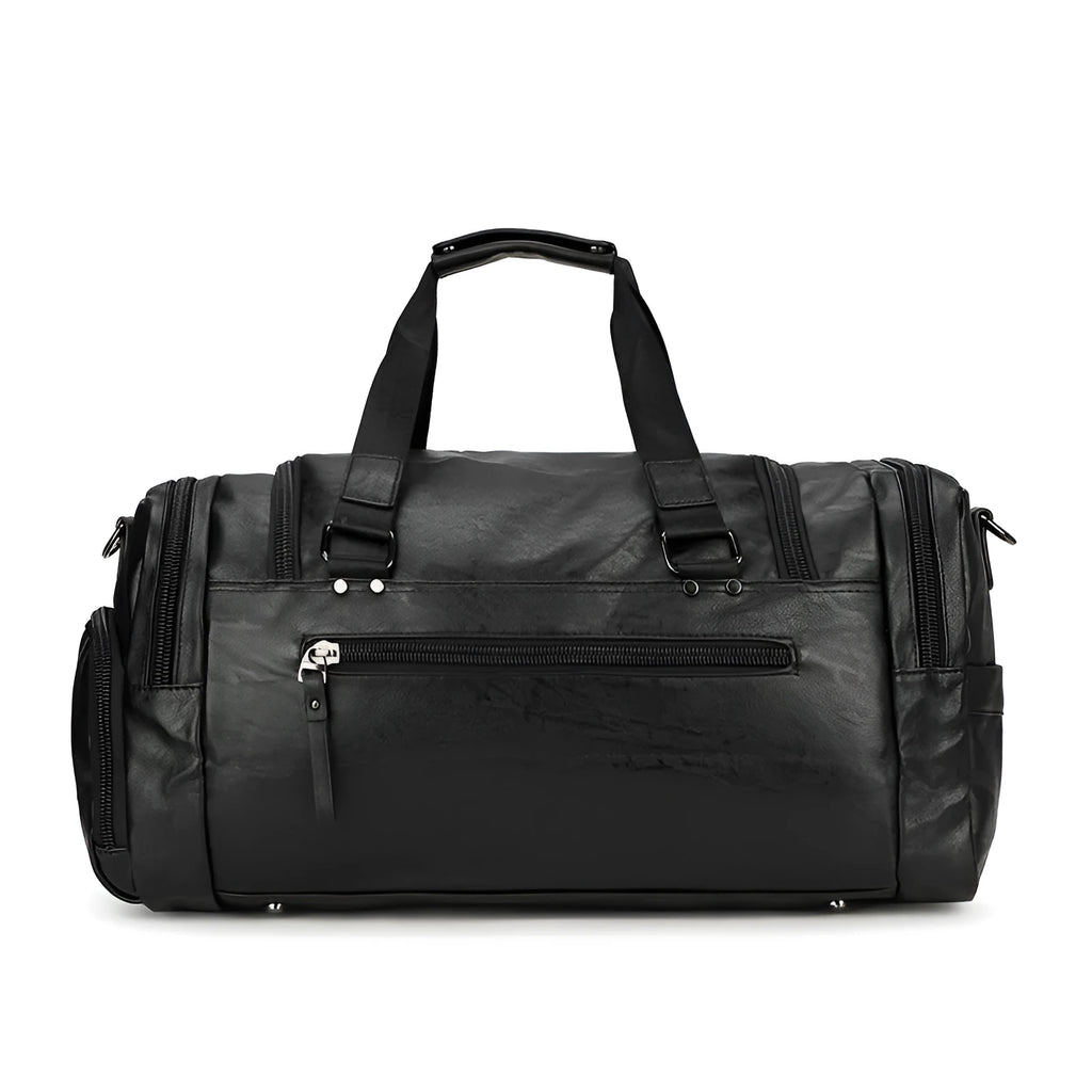 Large black duffel bag with a separate compartment for shoes, showing its 52cm size.