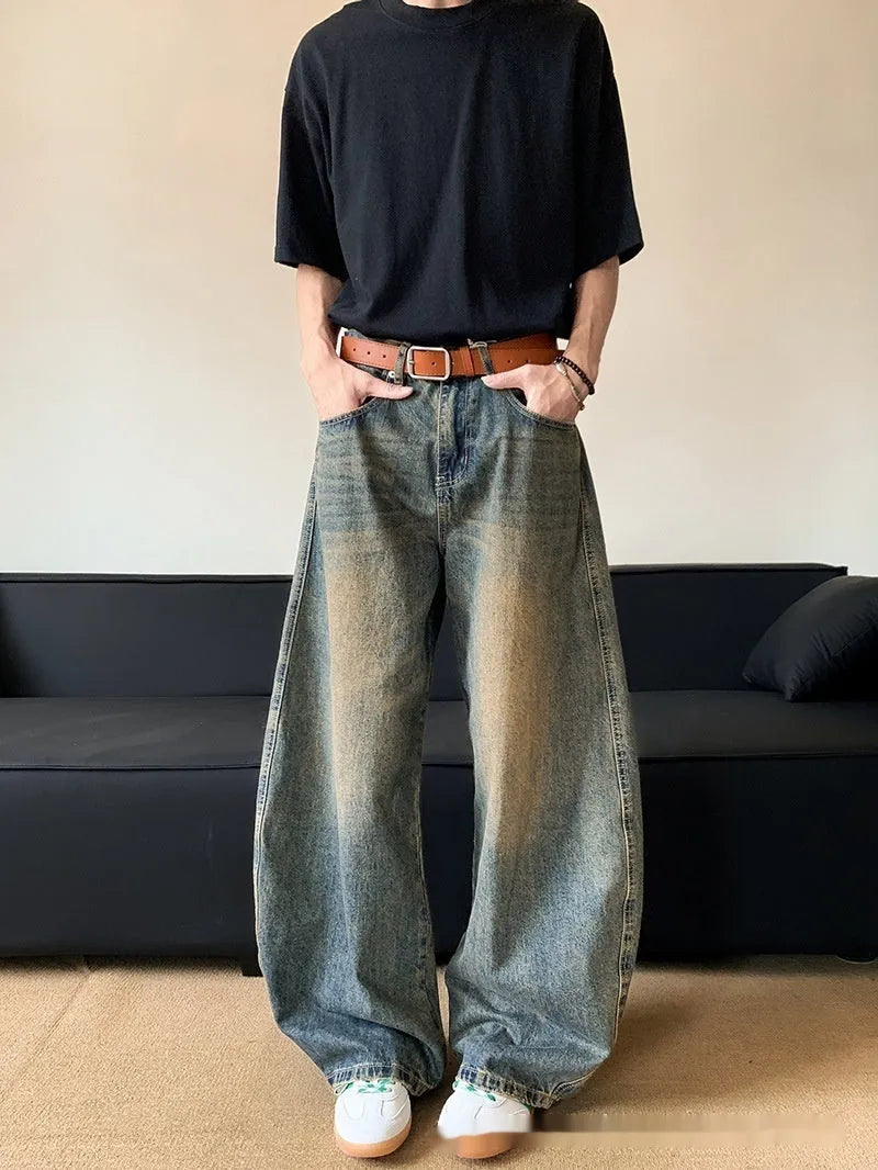 Men's retro blue distressed denim wide-leg pants with micro-elastic fabric