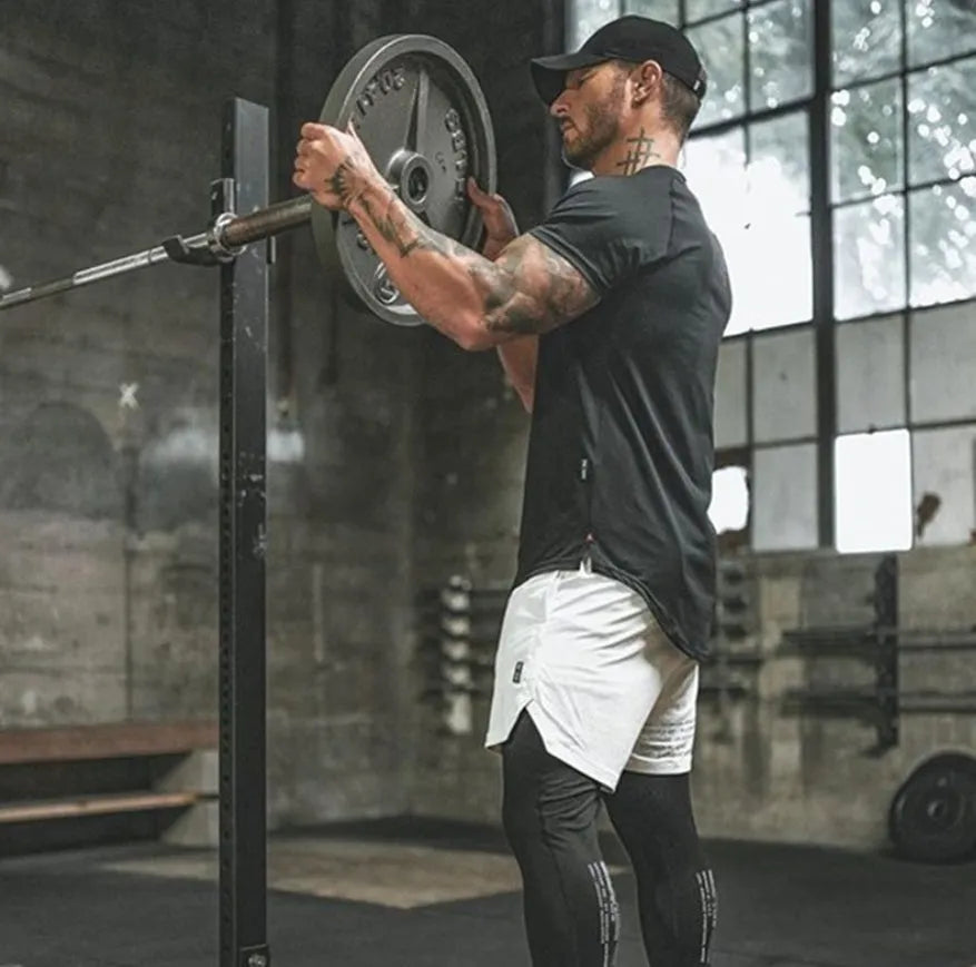 Plain men's gym t-shirt on a hanger, shown in army green, black, and white colour options.