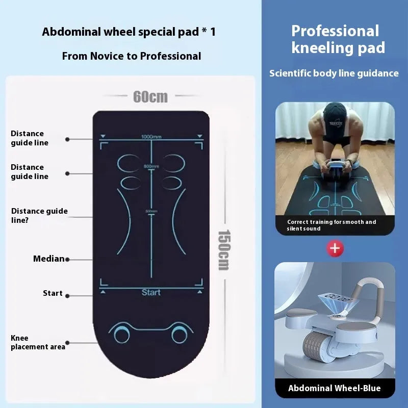 Blue abdominal exercise wheel with elbow supports on a grey floor.