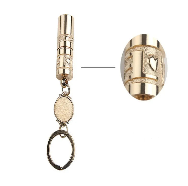 Gold zinc alloy mini LED keychain flashlight with a waterproof case and emergency light function.