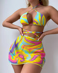 Yellow striped halter-neck lace-up bikini top with matching skirt and shorts.