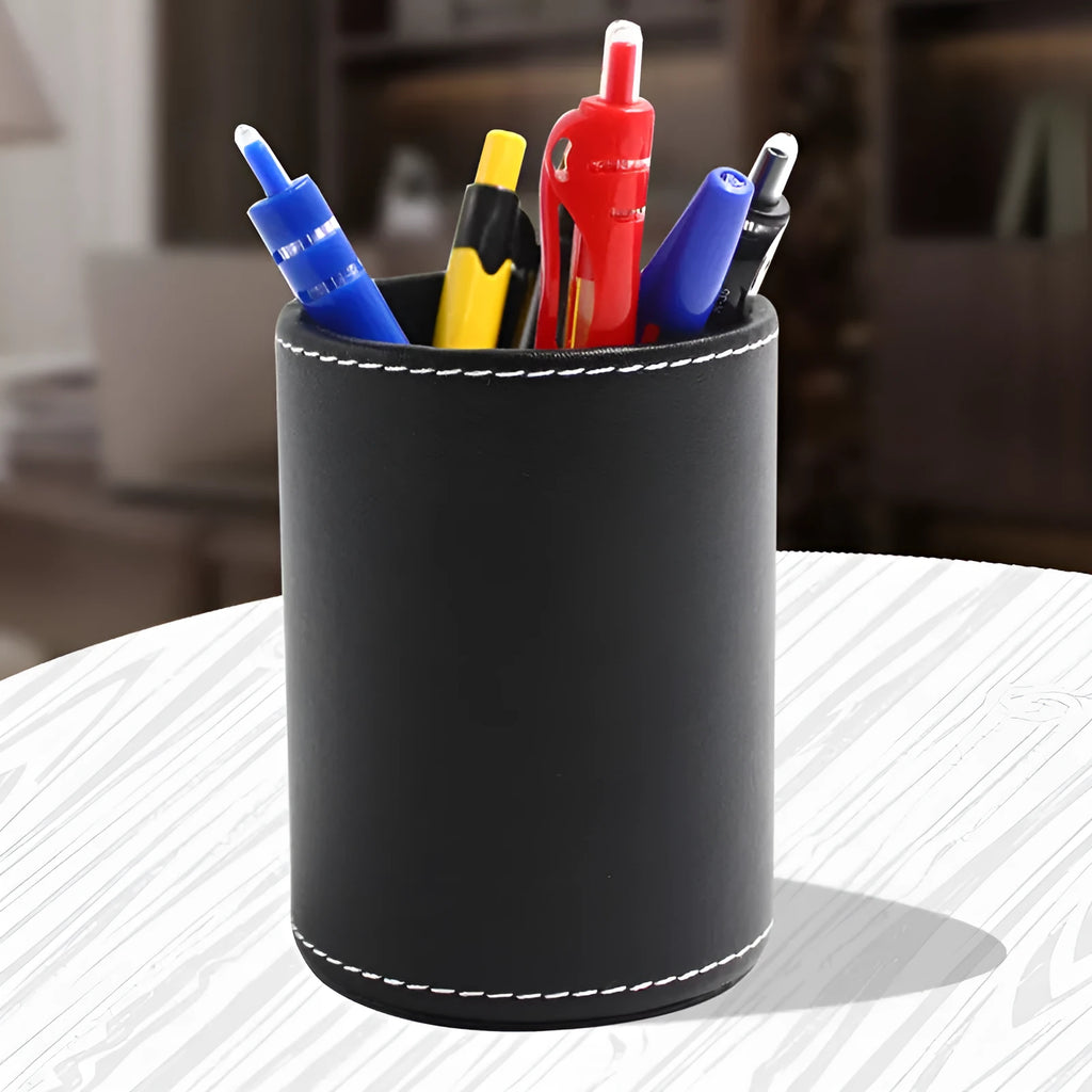Black leather round pen holder container showing 8.0cm diameter and 10.8cm height dimensions