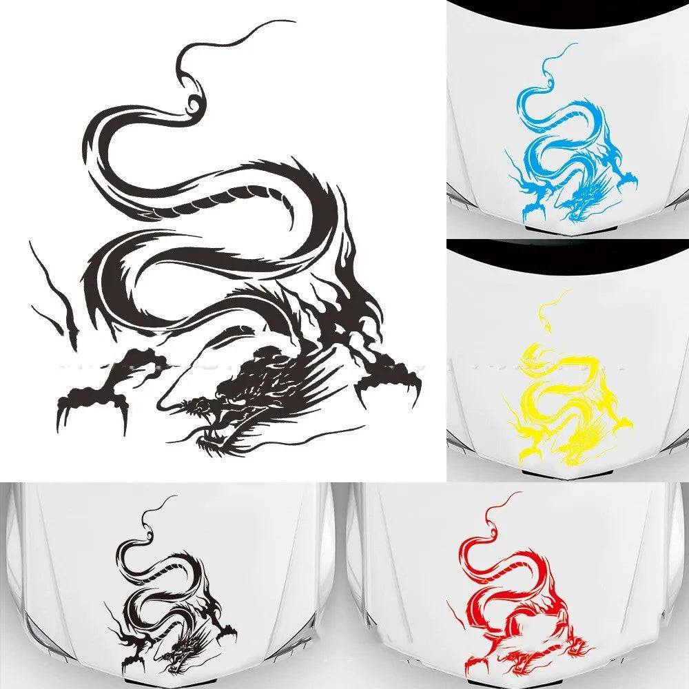 50 by 36 cm dragon design car body sticker on a vehicle front end, shown in multiple colour options.