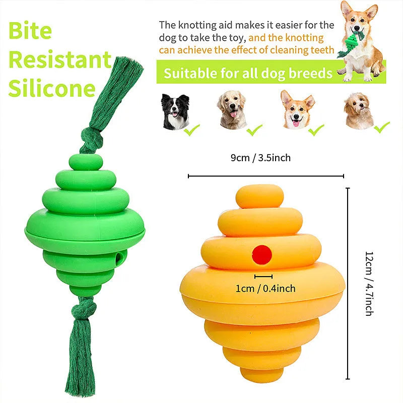 Green and yellow silicone dog ball with integrated rope, showing split spiral design for treat dispensing.