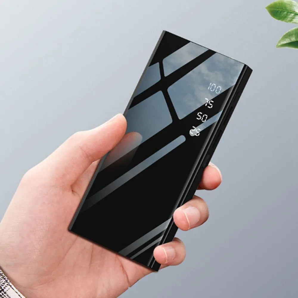 20000mAh power bank with LCD display and dual USB ports in black, red, or white colours