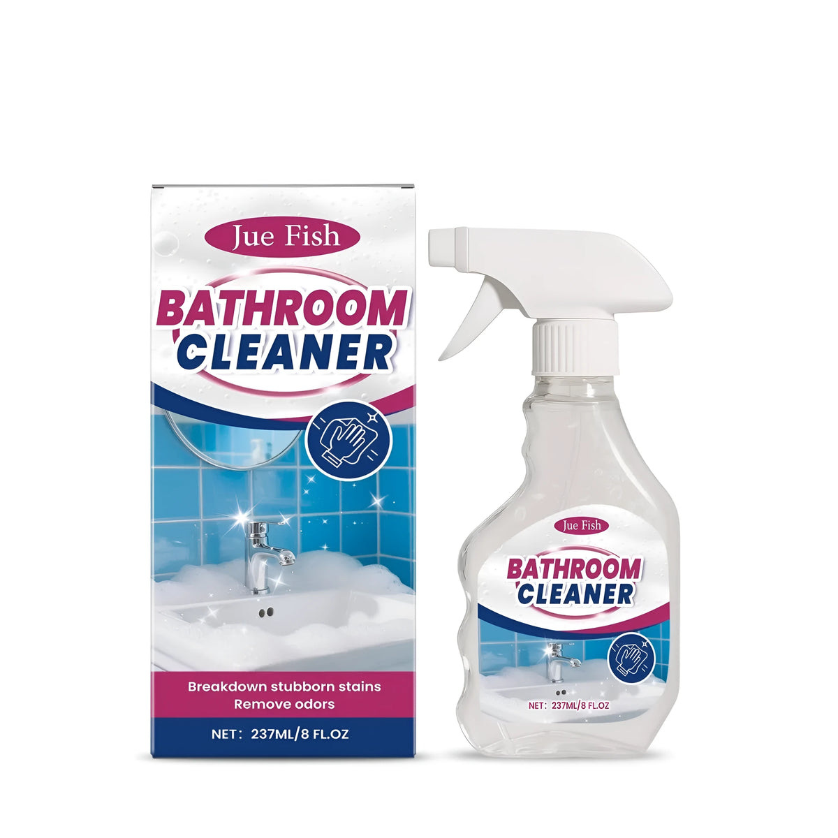 237ml bottle of bleach-based bathroom cleaner spray for toilets and tiles.