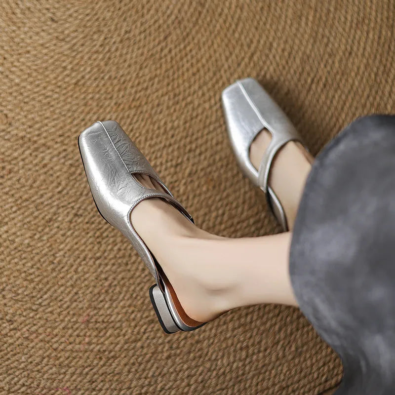 Low heel square toe outdoor slippers in black, beige, or silver with rubber sole